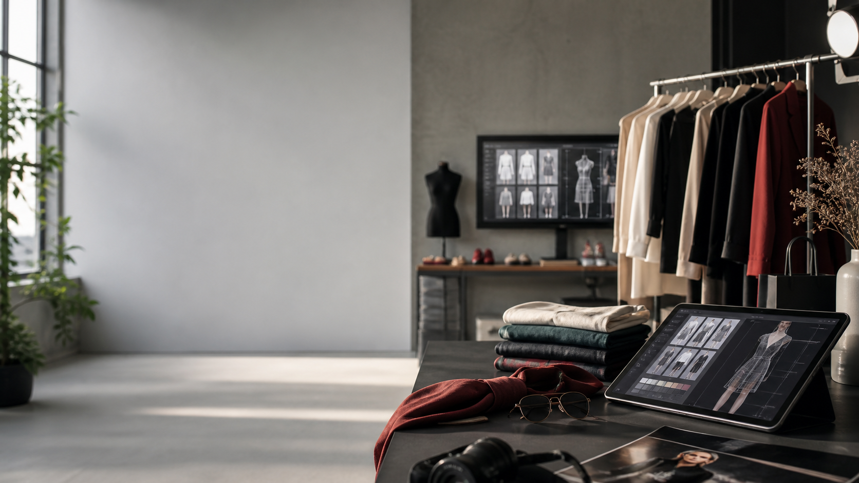 A fashion technology studio with garments, product imagery screens, and apparel tools